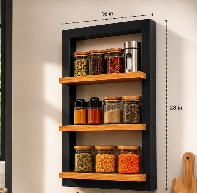 Wall-Mounted Wooden Kitchen Spice Rack with Shelves